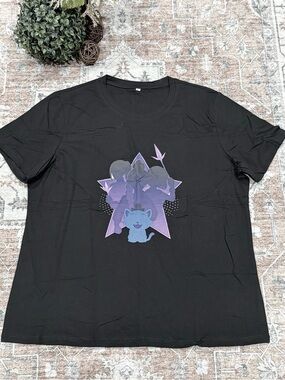 Black Graphic Tee with Purple Star & Cat Design